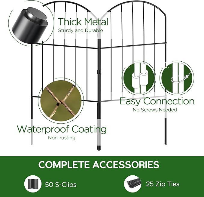 Goovilla Garden Fence, Total 27ft(L) x 24in(H) Garden Fencing Animal Barrier, 25 Pcs Rustproof Metal Fence Panels, Black No Dig Fence, Decorative Garden Fences and Borders for Dogs, Flower Bed, Patio