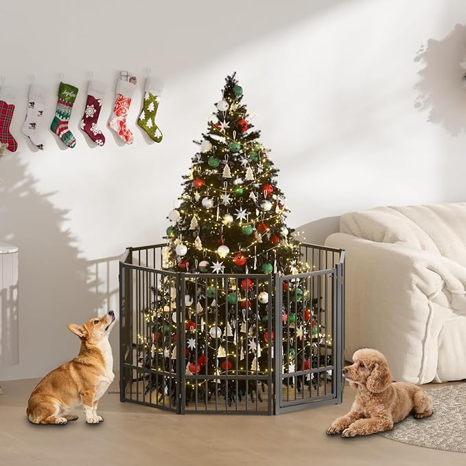 Full Metal Freestanding Dog Gate with Door, 32''Height Foldable Pet Dog Fence for Indoor & Outdoor, 8 Panels Extra Wide Free Standing TallDog Gates for Doorways,House,Stairs,Porch,Deck,Yard