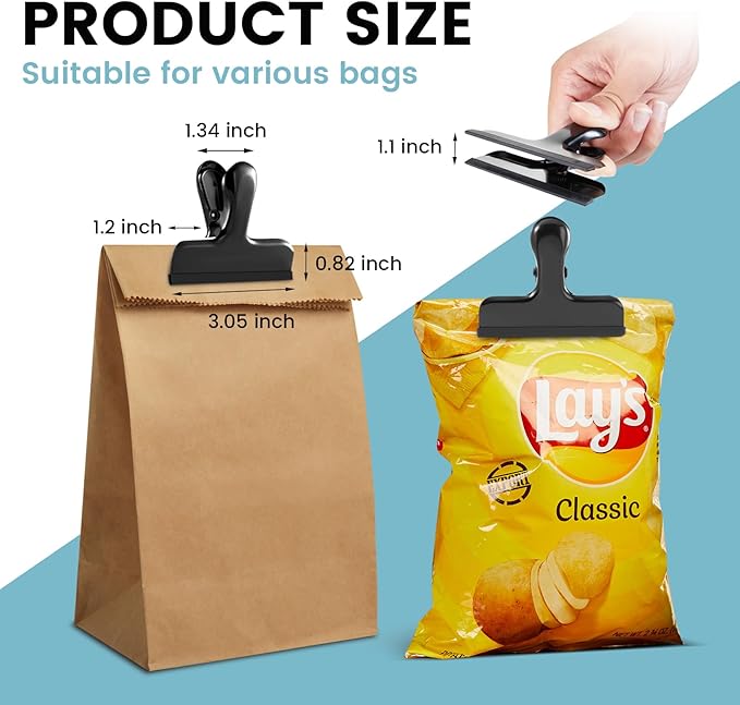 HOUSE AGAIN 12 Pack Stainless Steel Chip Bag Clips Covered with Silicone - NO More Sharp Edges - Color Coded for Food Bags - Air Tight Seal, Heavy Duty for Kitchen and Office, 3 Inches Wide, Black