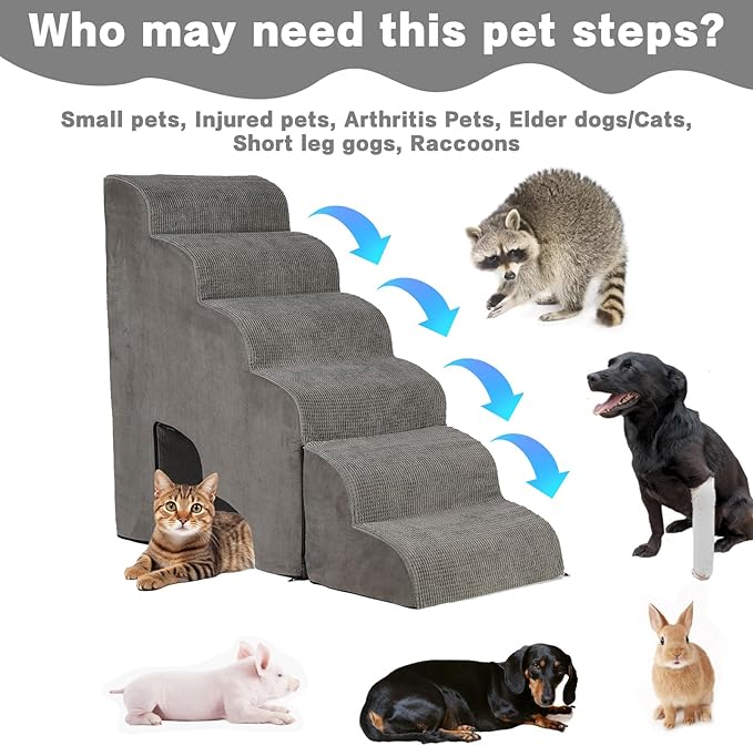 Dog Stairs for High Beds 25-30 inches Tall, 6-Step Dog Steps for High Bed for Doggies/Kitties, 30D Foam Pet Stairs Steps for Small Dogs, Doggie Ramp/Ladder for Old Dogs/Cats, Grey