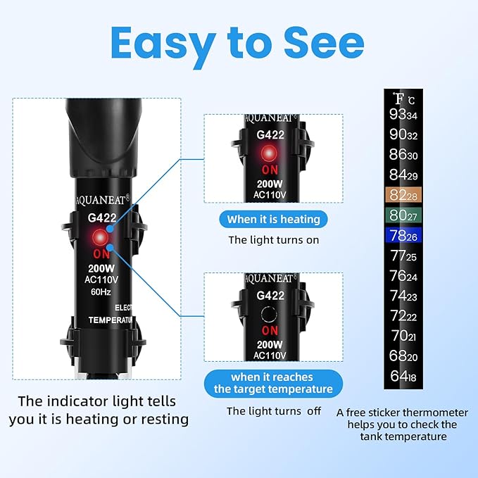 AQUANEAT Aquarium Heater, 200W Fish Tank Heater, Adjustable Submersible Water Thermostat with Thermometer