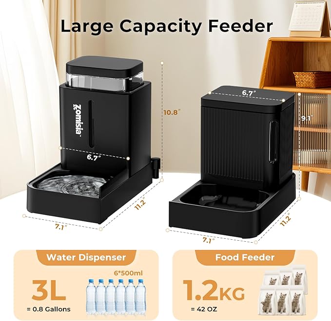 Automatic Cat Feeder and Water Dispenser Set, 2 in 1 Gravity Cat Food Dispenser with 180 Degree Rotatable, Pet Self Feeding Large Capacity for Small Dogs Puppy Kitten, Black, 0.8 Gallon x 2