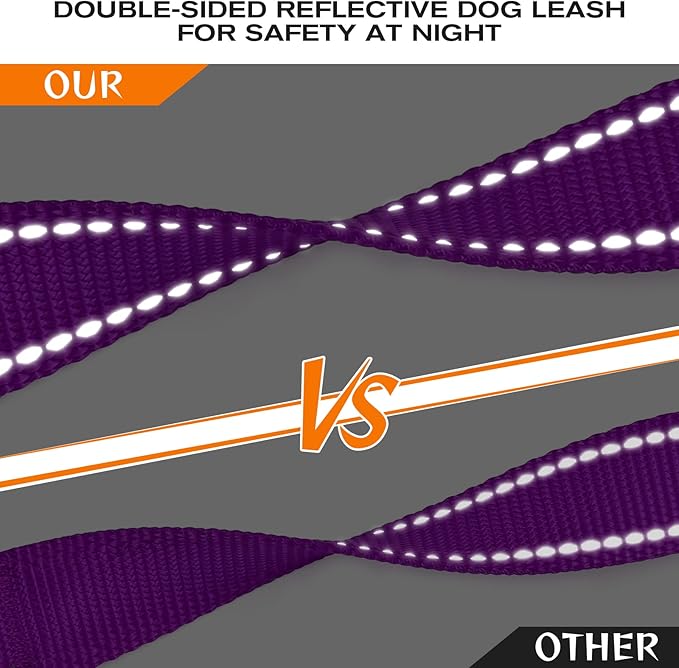 Joytale Dog Leash Heavy Duty for Large Dogs that Pull, Double Handle for Traffic Control, Double-Sided Reflective Leashes for Large Medium Dogs Night Safety, 5FT, Purple