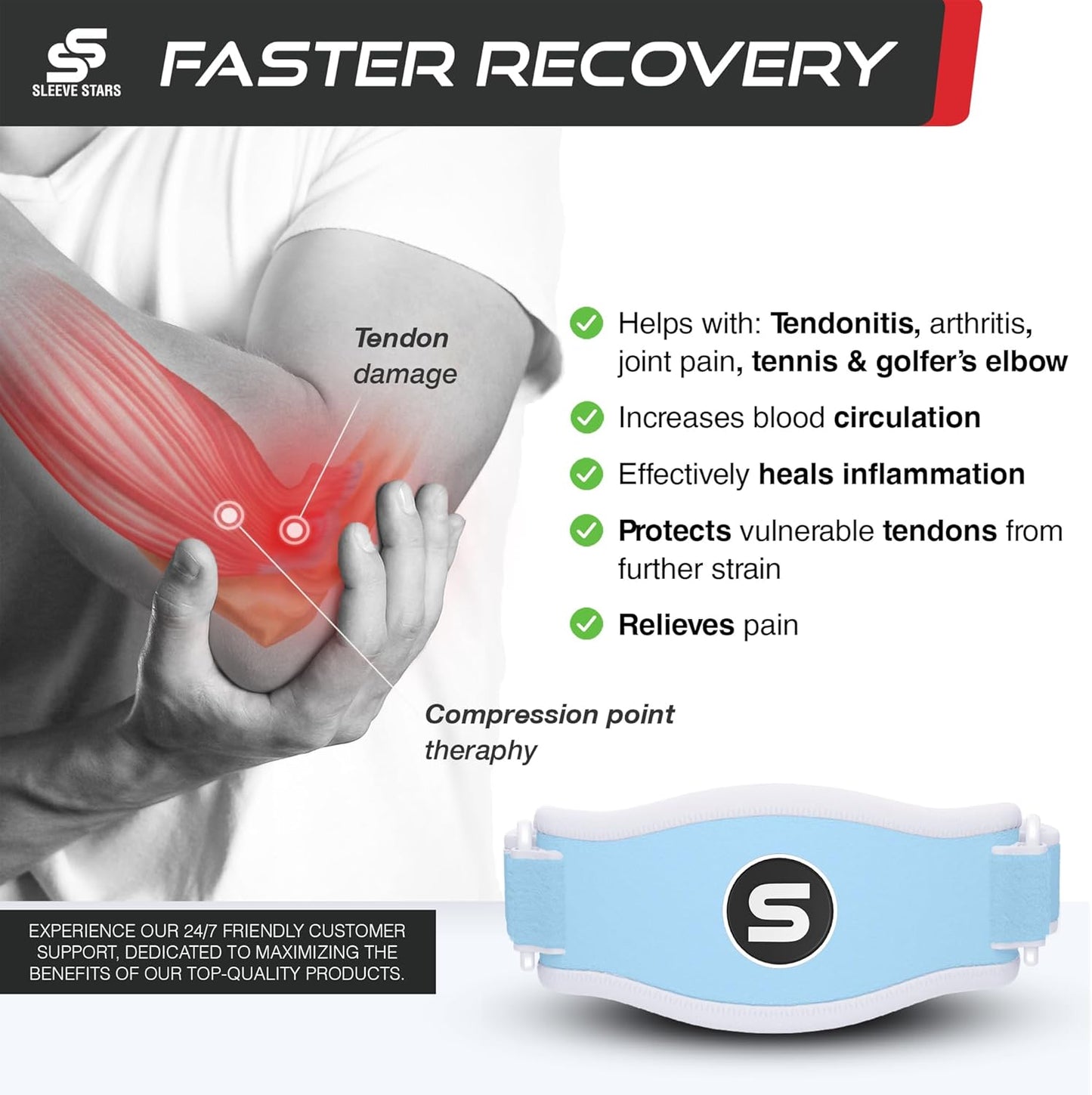 Sleeve Stars Tennis Elbow Brace for Women - Adjustable Tennis Elbow Strap, Golfers Elbow Brace for Men, Counterforce Brace for Tendonitis Relief, Fits 9"-23" (Single/Light Blue)