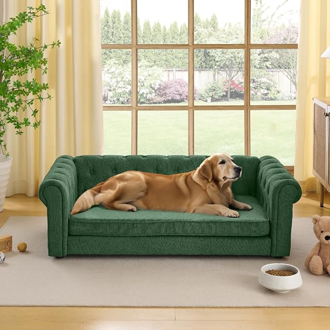 55" Elevated Dog Sofa Couch for Large and Oversized Dogs, Comfortable Linen Fabric Pet Bed with Thick Cushion, Durable Raised Dog Couch with Tufted Armrests, Stylish Modern Pet Furniture