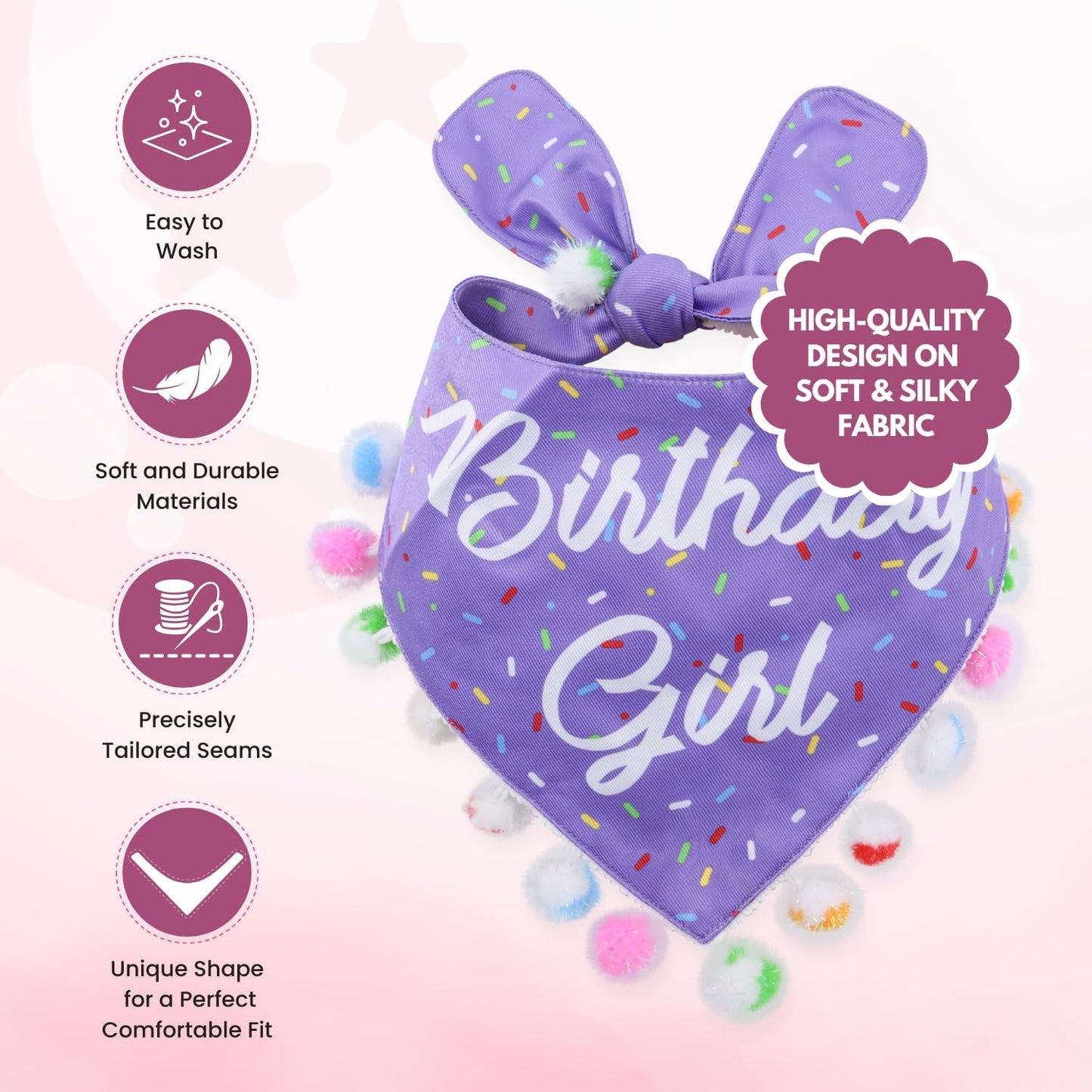 LunaMarie - Luxury Pet Birthday Bandanas -Premium & Silky Poly Fabric | 100% Handmade | Custom Shape Dual Layered (Birthday Girl Purple, X-Small)
