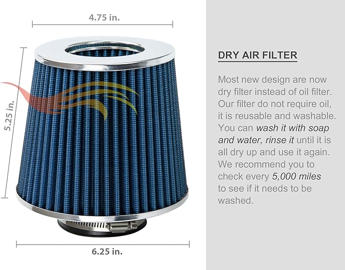 Rtunes Racing Universal Clamp-On Air Filter, Standard Cone, Dry Washable Design