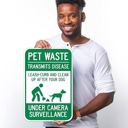 Pet Waste Leash-Curb and Clean Up After Your Dog Under Camera Surveillance Sign, 12x18 Inches, Rust Free .063 Aluminum, Fade Resistant, Made in USA