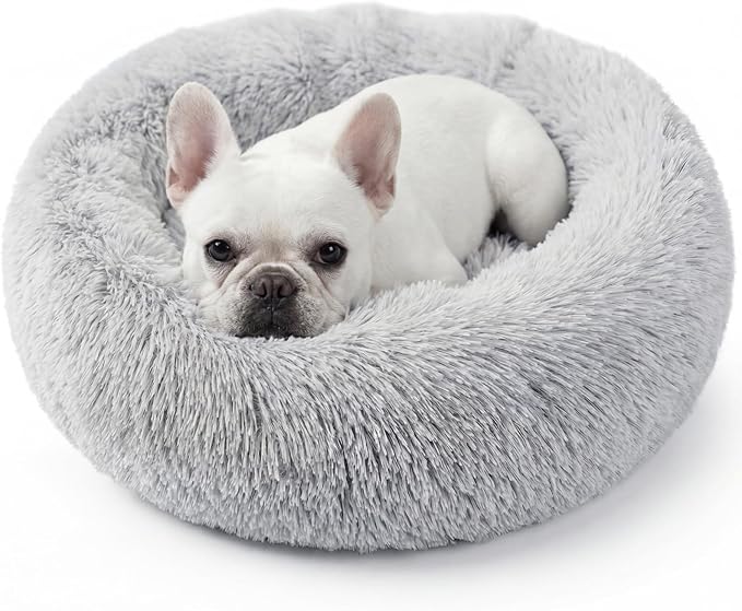 Calming Dog Bed, 24" x 24" x 6" Fits Cat & Dog, Anti-Slip Round Washable Faux Fur for Doze Off, Napping Orthopedic, Grey