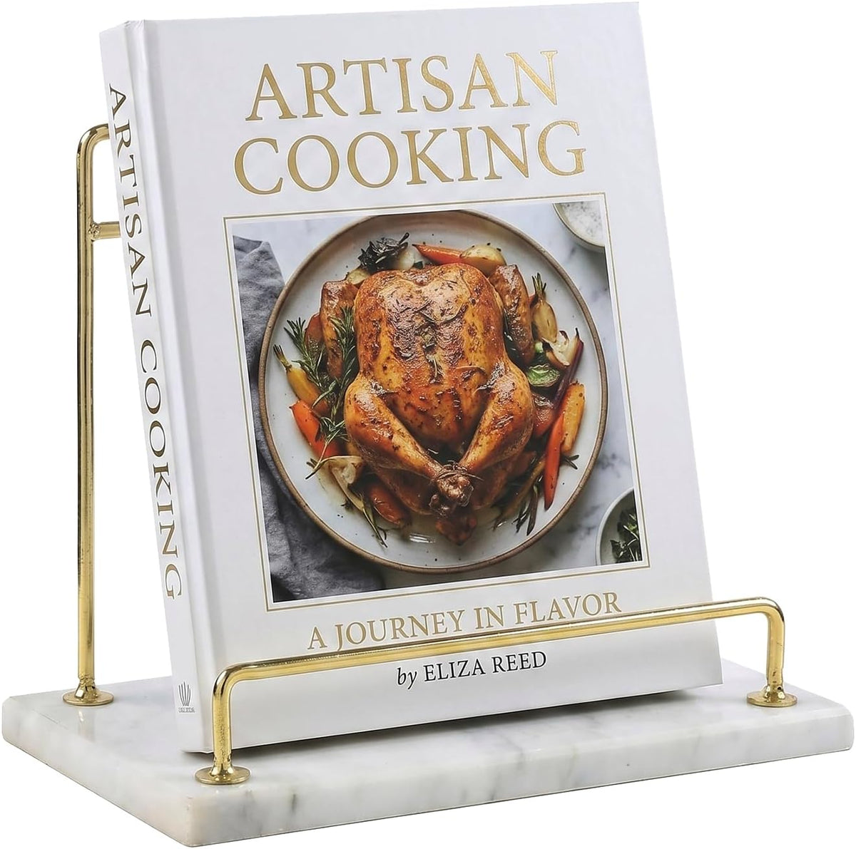 MyGift Modern Marble Cookbook Stand, Kitchen Countertop Recipe Holder Stand with Brass Tone Metal Rail