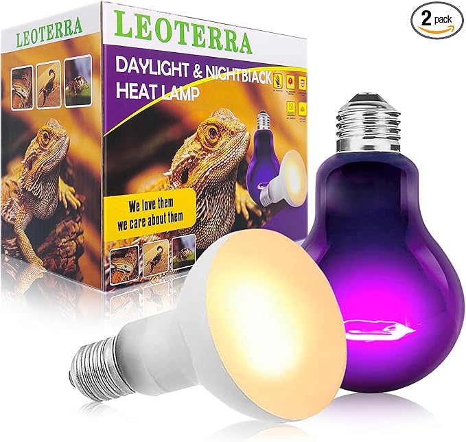 Leoterra 100W Reptile Tank Use Incandescent Night Black Heat Bulbs and 100w UVA Heat Lamp Bulbs Combo Pack E26 Base 110v Heat Lamp Bulbs for Leopard Gecko Bearded Dragon Heat lamp Long Service Life…