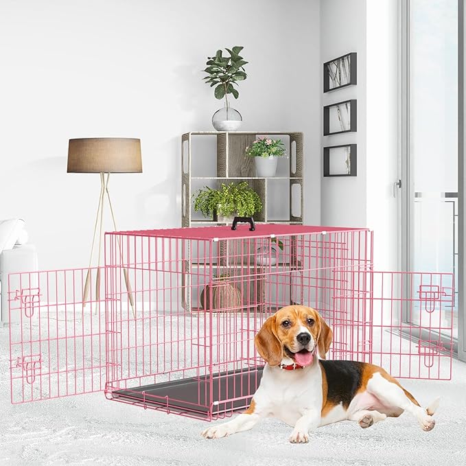 48 Inch Dog Crate Dog Kennels Folding Mental Wire Crates Dog Crates for Large Dogs Cage Outdoor Indoor Pet XL Dog Crate with Double-Door,Divider Panel, Removable Tray,Pink