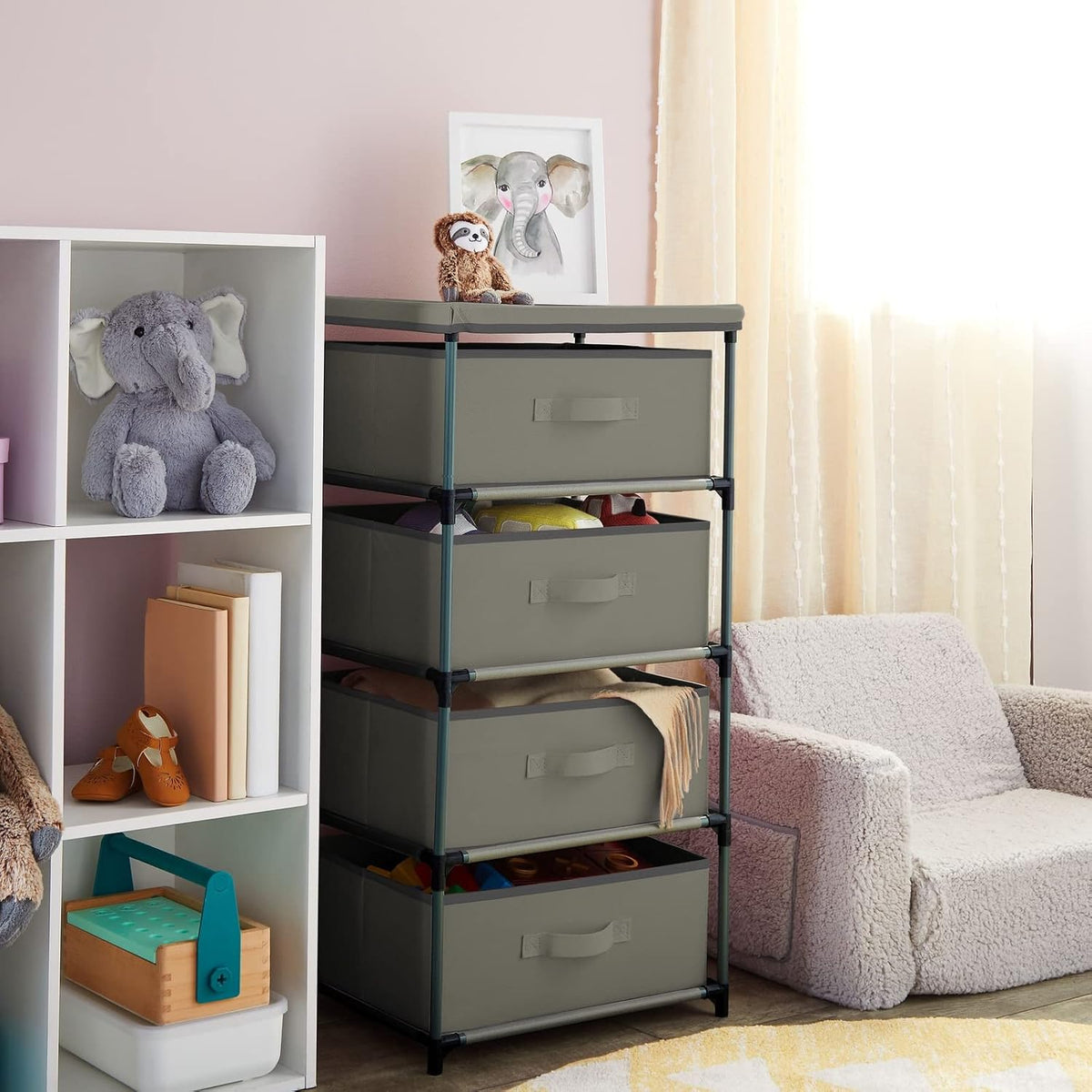 Juvale 4-Tier Dresser for Office - 16.5 in x 13 in x 33 in, Light Gray Fabric, 4 Drawers - Narrow Organizer with Storage Drawers - Steel Frame & Easy Assembly