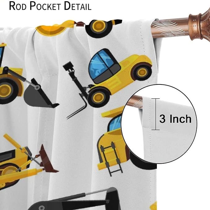 Kids Construction Equipment Window Curtains, Excavator Tractor Tow Truck Rod