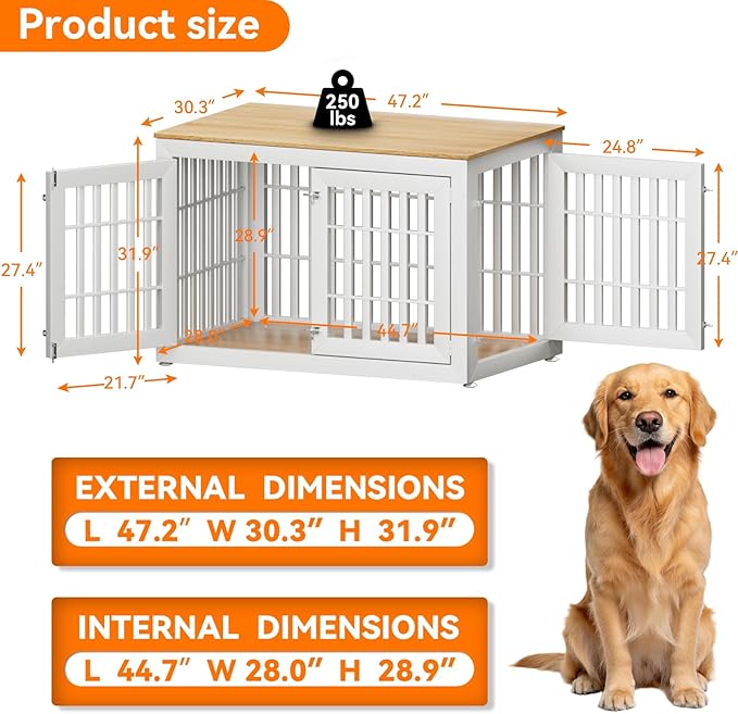 48" Heavy Duty Dog Crate Furniture for Small,Medium and Large Dogs,Rustic Wooden Dog Cage Kennel Indoor Furniture with Waterproof Top,Decorative Pet House Side End Table (White & Wood)