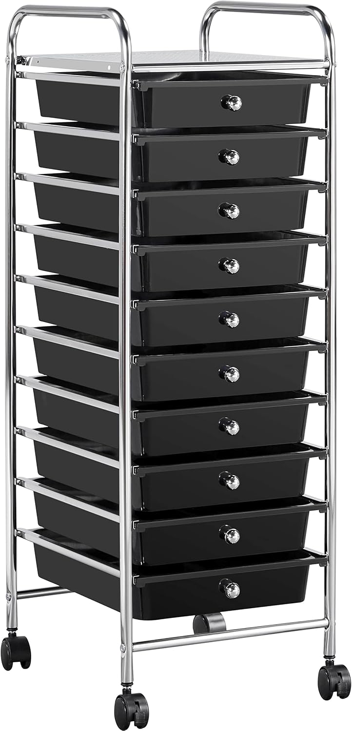 Yaheetech 10-Drawer Rolling Storage Cart with Wheels, Slim Organizer, Black