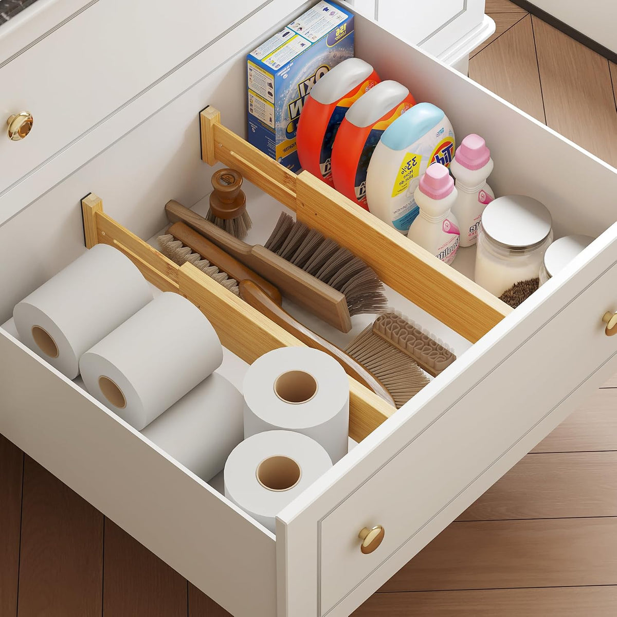BAMEOS Bamboo Expandable Drawer Dividers – Fits 13.3"–19" Drawers, 3" Deep Walls, Set of 4 | Spring-Loaded Separator for Deep Kitchen & Bathroom Drawers, Prevents Items Falling Over