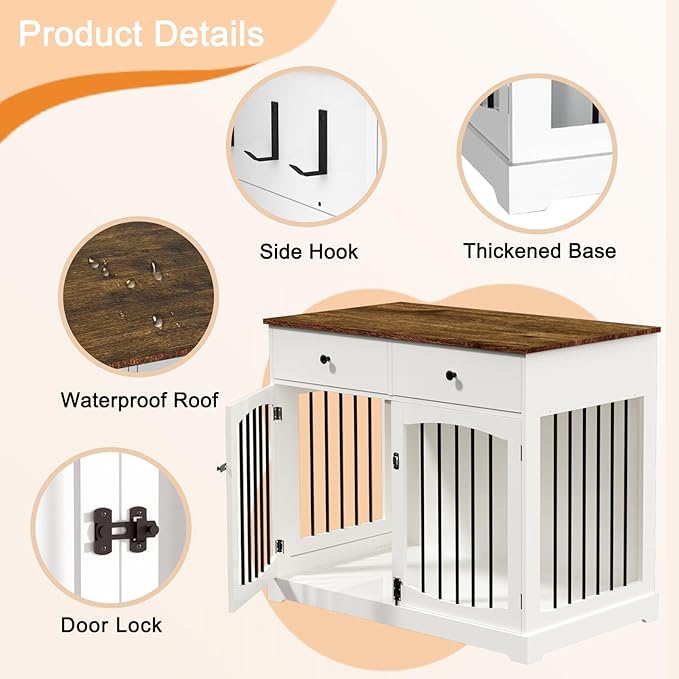 BREEZEHEAT 40 inch Dog Crate Furniture-Farmhouse Dog Kennel with Drawers-End Table Wooden Pet Crate, Double Door Design, Decorative Dog House Indoor for Small Medium Large Dog,Off White