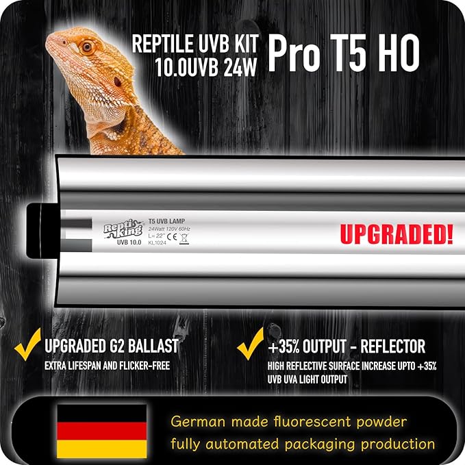 Upgraded T5 UVB Reptile Light, 10.0 UVB 24W German Made Fluorescent Lamp and Fixture Kit, for Desert-Dwelling Reptiles, Bearded Dragon UVB Lamp Bulb