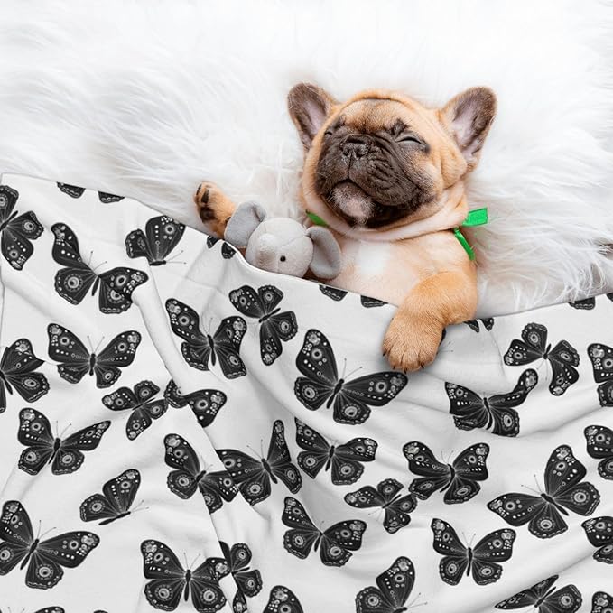 Two Sided Plush Pet Blanket for Crates Carriers Home Use, Butterflies Black and White, Reversible Throw with Cozy Dot Fabric and Silky Reverse for Small Large Pets