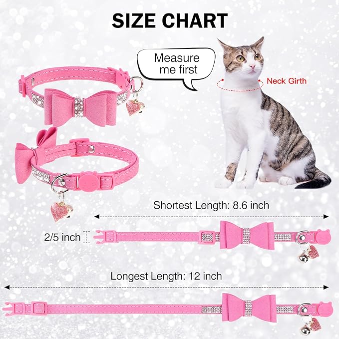 Rhinestone Cat Collar with Bow, Breakaway Elegant Female Diamond Cat Collars with Bell, Pink Leather Sparkly Bowtie Pet Collar for Girl Boy Small Kitten Puppy with Safety Buckle, 8-12"
