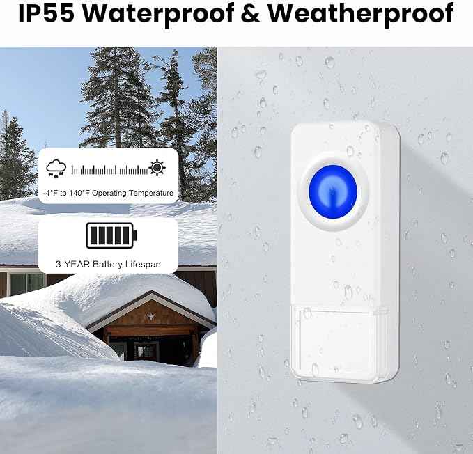 Wireless Doorbell, PHYSEN Waterproof Door bell Chime Kit Operating at 1300-ft