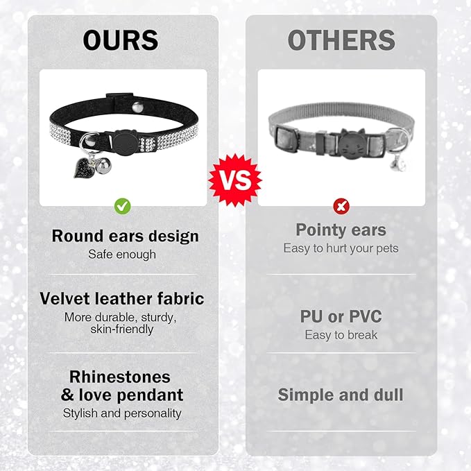 Rhinestone Cat Collar Breakaway with Bell, Diamond Cat Collar with Safety Buckle Quick Release for Girl Boy Small Kitten Pets Puppy,Cute Soft Female Male Cat Collars, Color Black 8-12"