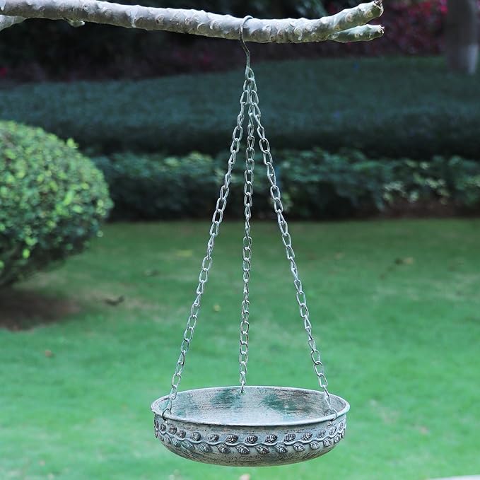 Hanging Bird Bath Hanging Bird Feeder - Metal BirdBath Bowl Birdfeeder Tray for Garden Backyard Patio and Deck-Retro Green