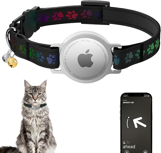 AirTag Cat Collar, Breakaway Cat Air Tag Collar, Reflective Cat Collar with AirTag Holder and Bell, [Lightweight & Scratch Resistant] Adjustable Comfortable GPS Pet Collar for Cats Kittens, Black