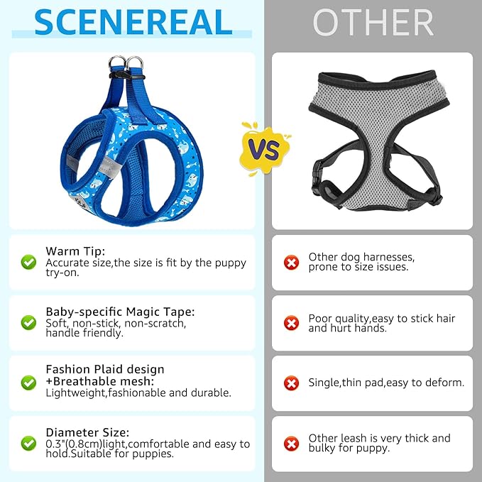 SCENEREAL Small Dog Harness and Leash Collar Set, Step in Soft Light Puppy Vest, Breathable Pet Harness for Small Sized Dogs, No Chock Reflective for Safe Outdoor Walking, Blue Shark M