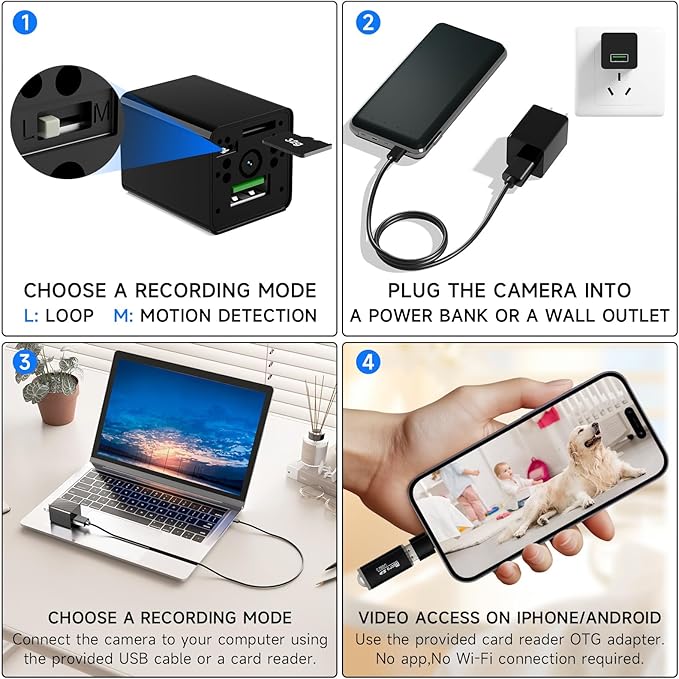 JEVDES USB Charger Hidden Camera, 1080P HD Local Recording for Home Surveillance, Nanny Cam with 32GB SD Card, Discreet Charger Design