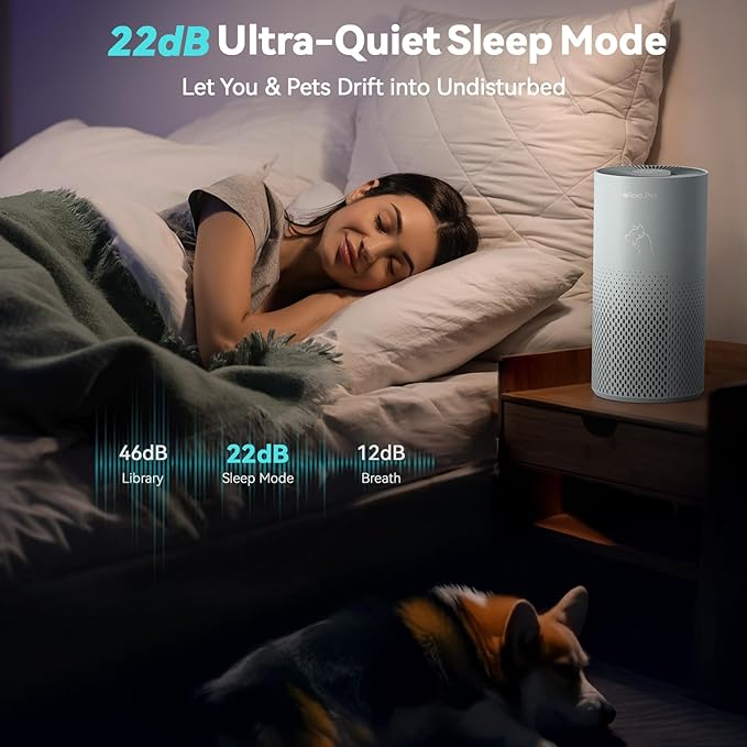 Afloia Air Purifier for Bedroom and Pets Home up to 1780 Ft², 5-in-1 HEPA Filter Air Cleaner with Washable Pre-Filter, Removes Pet Hair, Odors, Dander & Allergies, 22dB Quiet Sleep Mode (Kilo Pet)