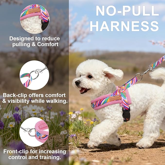 BEAUTYZOO Dog Harness for Small Dogs,No Pull Dog Harness and Leash Set,Soft Escape Proof Puppy Vest Harness with Handle,Reflective Lightweight Step in Harness for Girl Boy Dogs,Pink_Print S