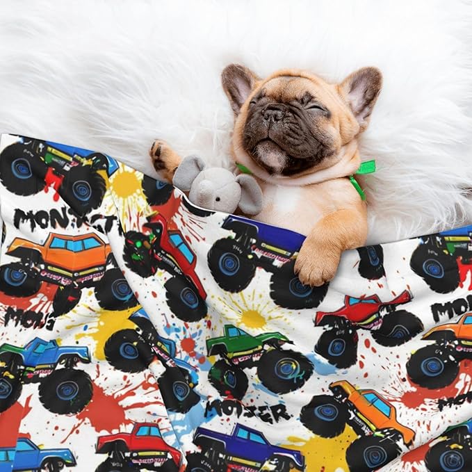 Dog and Cat Blanket in One, Grunge Monster Truck Car Art, Double Sided Plush Throw with Raised Dot Pattern on One Side and Flat Velvet on Other for Variety