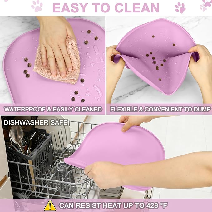Small Silicone Pet Food Mat with Raised Edge for Food and Water Bowl, Square Dog Feeding Mats, Cat Food Trays for Floor Waterproof, Rubber Tray for Dogs and Cats, 12 x 12 x 0.7 Light Pink