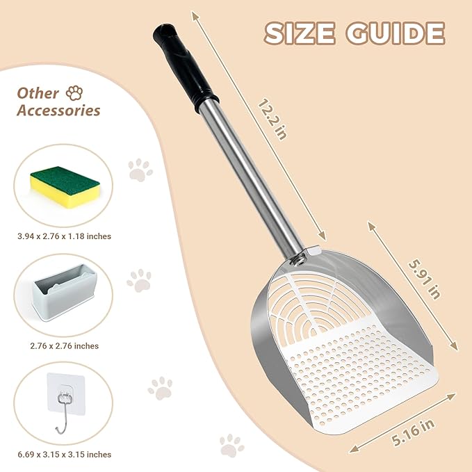 Cat Litter Scoop Deep Shovel, Detachable Long Handle Litter Scooper, Metal Cat Litter Scoop, Stainless Steel Cat Litter Scoop, Kitten Pooper Lifter, Kitty Metal Scooper with Holder Round Hole