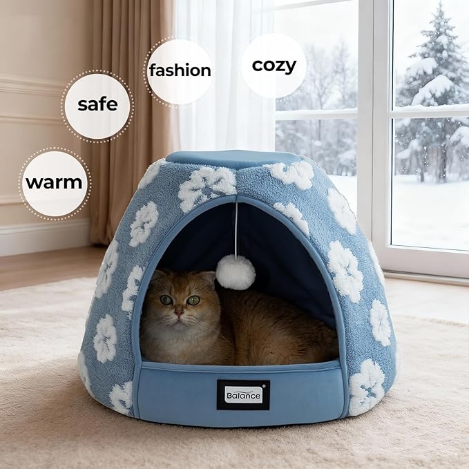 BALANCE Cat Beds for Indoor Cats, 2-in-1 Cat Bed Cave with Anti-Slip Bottom and Ultra-Soft Plush, Cozy Cats House Tent for Kittens and Small Dogs, 19 Inches, Blue