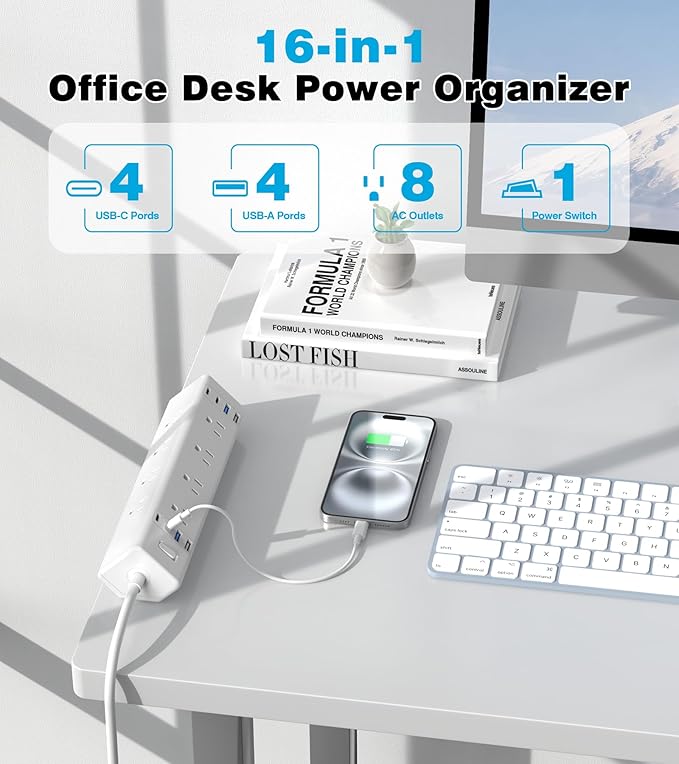 40W Fast Charging Station,Desk Clamp Power Strip,4 USB-C Ports & 8 AC Outlets,Desktop Edge Mount Surge Protector Power Strip,14AWG Heavy Duty Cord,Fit 1.9" Tabletop Edge for Home Office(6Ft Cable)