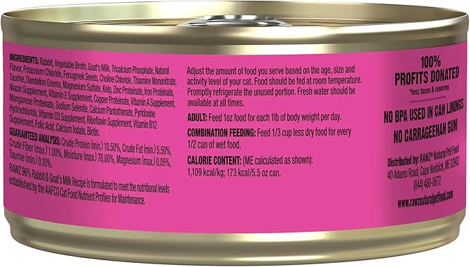 Rawz Natural Premium Pate Canned Cat Wet Food - Made with Real Meat Ingredients No BPA or Gums - 5.5oz Cans 24 Count (Rabbit with Goats Milk)