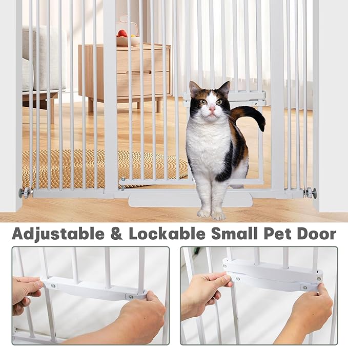 71 Inch Extra Tall Pet Gate with Small Cat Door, 29.55"-46.06" Adjustable Wide Dog Gate, Tall Cats Gates for Doorway, Stairs, House(White)