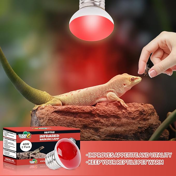 LUCKY HERP Infrared Heat Lamp, 40W Reptile Heat Lamp 2 Pack Red Heat Lamp Bulbs, Infrared Basking Spot Heat Light Bulb, Amphibians Heat Lamp Bulbs for Reptile, Geckos, Snakes, Lizard, Turtle