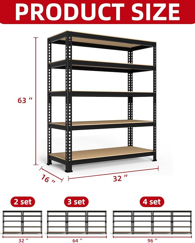PrimeZone 32" W x 16" D x 63" H Storage Shelves - 5 Tier Adjustable Garage Storage Shelving, Heavy Duty Metal Storage Utility Rack Shelf Unit for Warehouse Pantry Closet Kitchen, Black