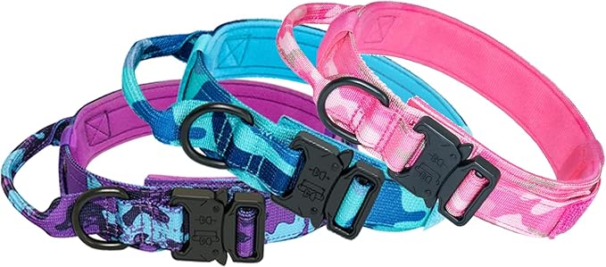 Hotsky Tactical Dog Collar, Adjustable Military Training Nylon Airtag Collar with Handle and Heavy Duty Metal Buckle for Medium Large Dogs, with Airtag Holder and Two Patches（Purple Camo,L）
