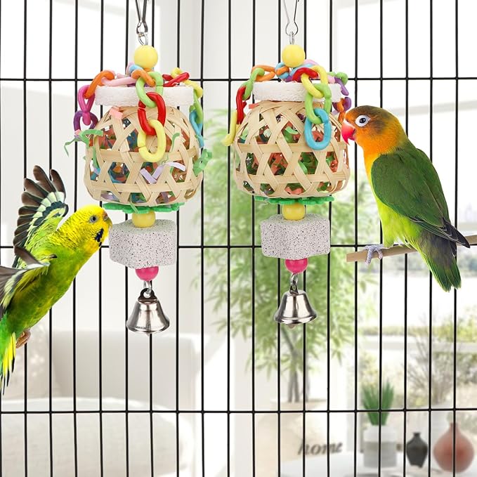 Hypeety Bird Foraging Toys Natural Seagrass Woven Basket Parrot Foraging Chewing Toy with Bell Colourful Parakeet Hanging Toys for Cockatiel Sun Parakeet Budgie Lovebirds (2pcs Woven Basket)