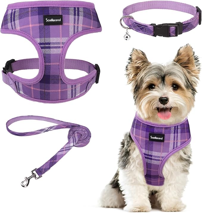 SCENEREAL No Pull Dog Harness Collar and Leash Set Small Medium Sized Dog, Soft Mesh Puppy Harnesses, No Chock Plaid Adjustable Pet Vest for Outdoor Walking Training and Running, Purple XS
