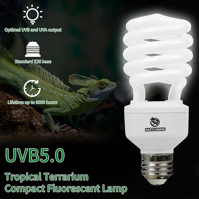 UVB Reptile Light 5.0, 26W Tropical and Sub-Tropical UVA UVB Bulb for Reptiles, Tropical Terrarium Compact Fluorescent Lamp, Reptile UVB Light Bulb for Chameleons, Iguanas, and Turtles
