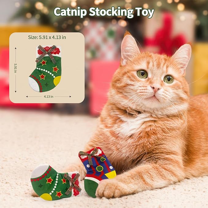 Cat Toys Stockings 2 Pack – Includes 5g Silvervine Powder & 5g Catnip Powder, Cat Gift for Cats & Kittens, Interactive Cat Stocking Toys for Play, Chew & Relaxation