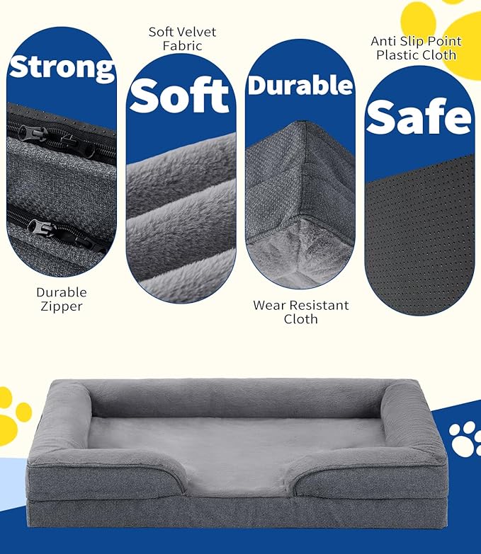 MADE 4 PETS Orthopedic Dog Bed for Large Dogs, Supportive Foam Big Large Pet Bed Sofa with Washable Removable Cover, Waterproof Dog Couch Bed, Non-Slip Bottom and Egg-Crate Foam, Grey