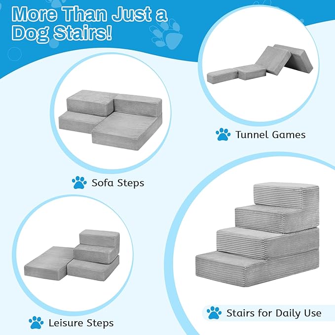Dog Stairs for Small Dogs, 4 Step Pet Stairs for High Beds and Couch, Dog Steps for Bed Balanced 18" H, Foldable Pet Ramp for Large Cats Climb, Non-Slip Bottom Doggy Step, Light Grey