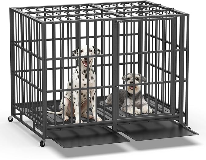 60 Inch Heavy Duty Dog Crate, Indestructible Escape-Proof Dog Kennel for High Anxiety Large Dogs, Strong Metal Pet Cage with Double Doors, Lockable Wheels & Removable Tray, XL XXL XXXL